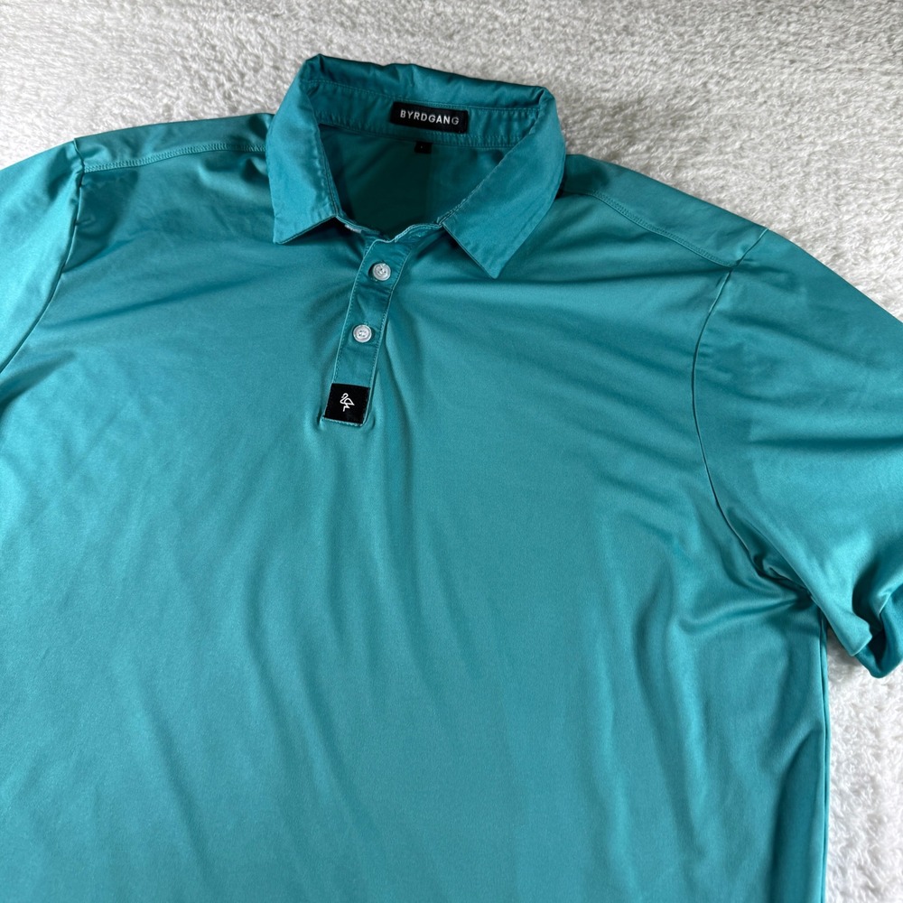 Byrd Gang Polo Shirt Mens‎ Large Green Teal Solid Print Golf Performance Stretch